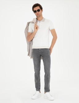 Beyaz Slim Fit Fermuarl_ Polo Yaka Triko T-shirt