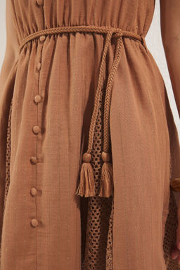 TRENDYOLMILLA Bej Simli Muslin Dokuma Mini Plaj Elbise TBESS25EL00128 фото 17