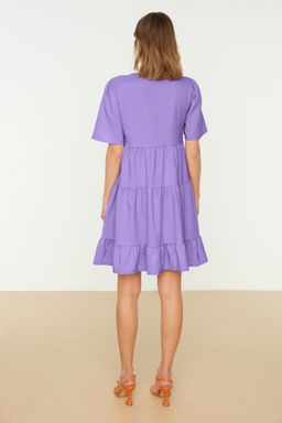 Lila Genis Kesim V Yaka Mini Dokuma Elbise TWOSS20EL0400