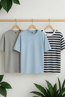 Gri-Mavi-Lacivert Cizgili Oversize/Genis Kesim 3lu Paket %100 T-Shirt TMNSS24TS00026