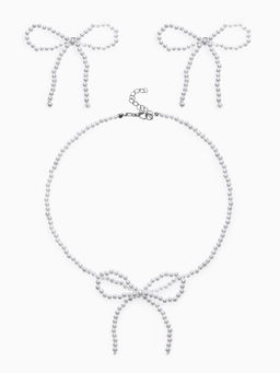 Набор 2 предмета: серьги, колье Жемчуг бантик, белый в серебре, 35 см