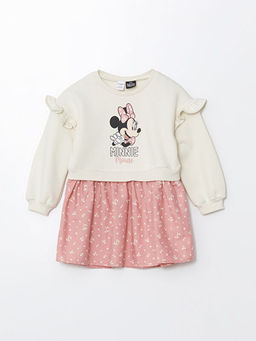 Bisiklet Yaka Uzun Kollu Minnie Mouse Bask?l? K?z Bebek Elbise