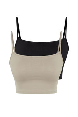 Siyah-Vizon 2li Paket Poliamid Icerikli Ask?l? Crop Fitted Esnek Orme Atlet TWOSS24AL00053