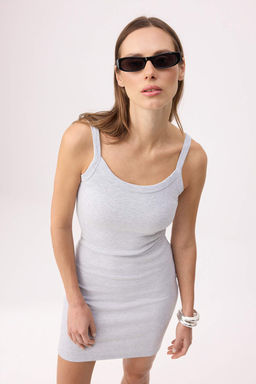 Gri Melanj Duz Bodycon Havuz Yaka Kal?n Ask?l? Mini Pamuklu Ribana Esnek Orme Elbise TWOSS26EL00567