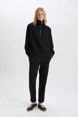 Базовые прямые черные брюки с эластичной резинкой на талии стандартной посадки, длинные черные брюки со складками и карманами на шнуровке - Defacto фото 2