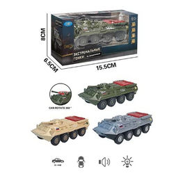 Инерц. 15,5*6,5*5,5см "Бронетранспортер" 3цв. в ассорт. (2024-4/DT) свет, звук, поворот башни на 360, в коробке