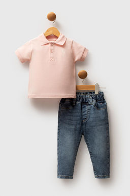 K_z Bebek Somon %100 Pamuk Polo Yaka Ti__rt Jean Pantolon Tak_m 2li