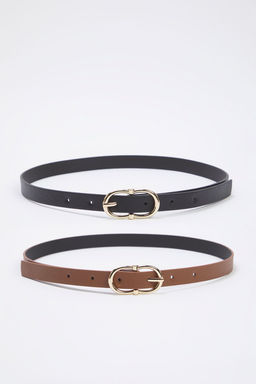 Trendyolmilla Siyah-Taba 2li Paket Deri Gorunumlu Kad?n Kemer TWOSS25KE00008  фото 3