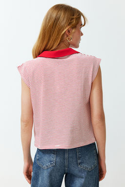 K?rm?z? Cizgili Kal?n Pamuklu Polo Yaka Regular/Normal Kal?p Orme T-Shirt TWOSS24TS00075