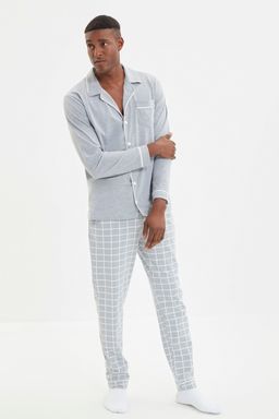 TRENDYOL MAN Lacivert Erkek Regular Fit Ust Biye Detayl? Orme %100 Pamuk Pijama Tak?m? TMNAW22PT1073