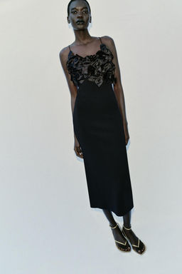 VESTIDO PUNTO COMBINADO FLORES / Negro