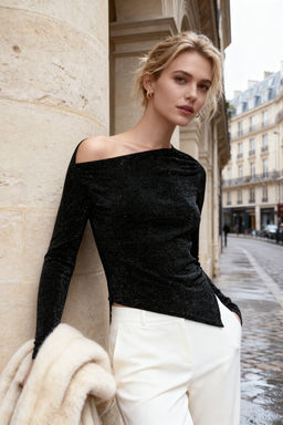 Siyah Asimetrik Yaka Simli Orme S?k/Gece Party Bluz TPRAW25BZ00018