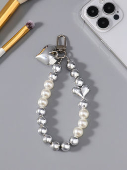 Брелок для ключей на карабине «Жемчужная нить с сердцем», на сумку, рюкзак, серебристо-белый, 11×3×1 см