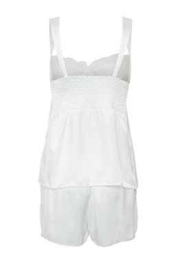 Bride/Bridal Beyaz Dantelli Kurdele/Fiyonklu Tokal? Saten Sortlu Dokuma Pijama Tak?m? THMSS24PT00157