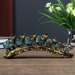 Сувенир полистоун "Семь слонов в синей попоне с кистями и зеркалами на бивне" 10х5,5х28 см