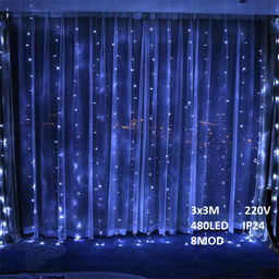 Гирлянда занавес синий, 3х3м, 220В, 480led, 8режимов