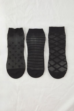 Siyah 3lu Paket Puantiyeli ve Cizgili Tul Orme Corap THMSS25CO00011