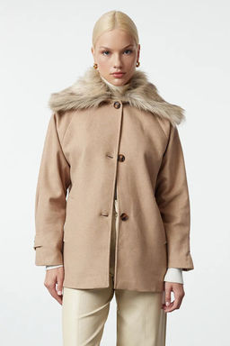 Bej C?kar?labilir Yaka Kurk Detayl? Regular Midi Yunlu Kaban TWOAW25KB00070