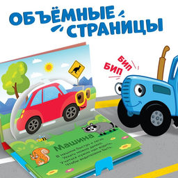 Книжка-панорамка 3D Весёлый транспорт, 12 стр., Синий трактор  фото 2