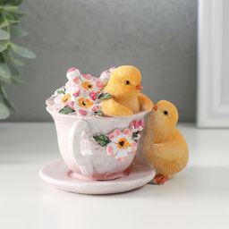 Фигурка полистоун Цыплята с чашкой на блюдце с цветами, 11?8.5?7.5 см