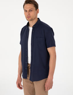 Koyu Lacivert Keten G_r_n_ml_ Regular Fit K_sa Kollu Cepli G_mlek
