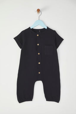 Siyah Erkek Bebek %100 Pamuk Basic K?sa Kol Muslin Dokuma Tulum TKDSS25TU00012