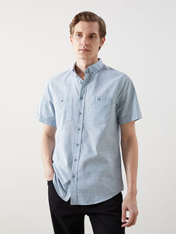 Regular Fit K?sa Kollu Keten G?r?n?ml? Erkek G?mlek