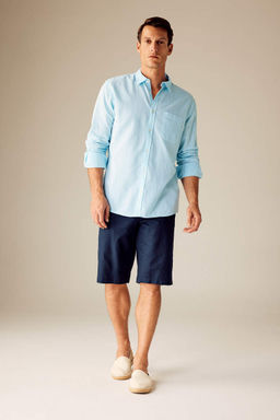 Льняная рубашка обычного кроя с воротником поло и длинными рукавами - Defacto фото 2