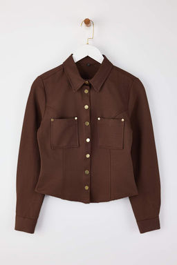 Koyu Kahverengi Regular Kal?p Gold Dugme Detayl? Gabardin Gomlek TWOSS26GO00013