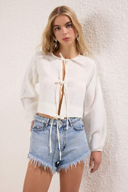 TRENDYOLMILLA Sar? Dokuma %100 Keten Baglamal? Balon Kollu Plaj Gomlek TBESS25GO00016 фото 16