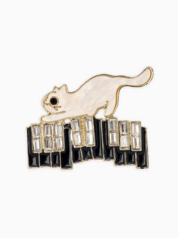 Брошь перламутровый "Котёнок" с пианино, цвет чёрно-белый в золоте