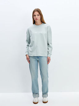 Bisiklet Yaka Bask?l? Oversize Kad?n Sweatshirt