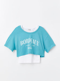 Bisiklet Yaka Bask?l? K?z ?ocuk Crop Ti??rt ve Atlet