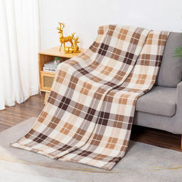 Плед/накидка на кнопках 150х100см "Бежевый квадрат", флис набивной, полиэстер 100%, плотность 160г/м2, упаковка 15х25см, пояс бумажный, т.м. "Домашняя Мода" (Россия)