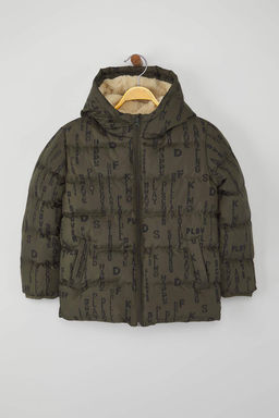 Haki Geometrik Bask?l? Kal?n Kapusonlu Regular Erkek Cocuk Mont TKDAW26MO00010 - Trendyolmilla фото 4