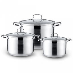 Набор посуды из нержавеющей стали "Kelli" 3 предмета: кастрюля 2,1л - д16см, 3л - д18см, 4л - 20см, шкала измерения, стеклянная крышка, пароотвод, клепаные ручки, 5-ти слойное капсульное дно, цветная коробка (Китай) Подходит для всех видов плит, вклю