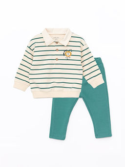 G?mlek Yaka Uzun Kollu Bask?l? Erkek Bebek Sweatshirt ve Pantolon 2li Tak?m