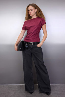 Bordo Ac?k Omuz Buzgu&Drape Detayl? Regular/Normal Kal?p Orme Bluz TWOAW26BZ00270 - Trendyolmilla фото 2