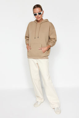 Vizon Kal?n Ici Polarl? Oversize/Genis Kal?p Kapusonlu Basic Orme Sweatshirt TWOAW24SW00103