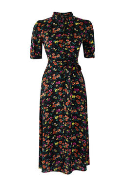 Siyah Cicek Desenli Kusakl? Midi Dokuma Viskon Gomlek Elbise TWOSS20EL1559