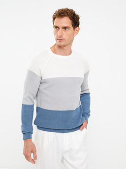 Bisiklet Yaka Uzun Kollu Renk Bloklu Erkek Triko Kazak