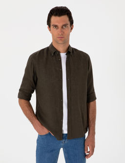 Koyu Haki Regular Fit %100 Keten G_mlek