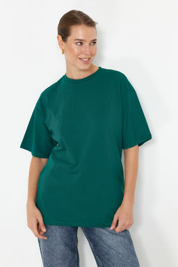 Zumrut Yesili %100 Kal?n Pamuklu Premium Oversize/Genis Kal?p Orme T-Shirt TWOSS23TS00040
