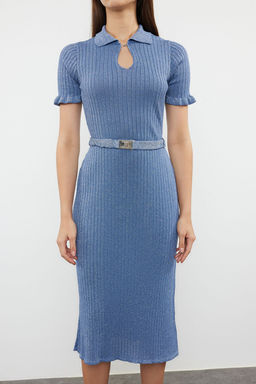 Mavi Midi Triko Merserize Gorunumlu Simli Elbise TWOSS24EL00852 - Trendyolmilla фото 3