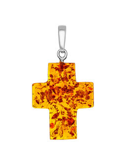 Небольшая подвеска из искрящегося янтаря коньячного цвета Крестик