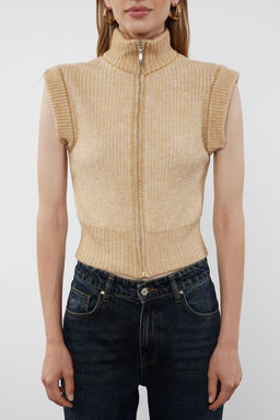 Bej Yumusak Dokulu Dik Yaka Fermuarl? Regular Yelek TWOAW25YE00033 - Trendyolmilla фото 3