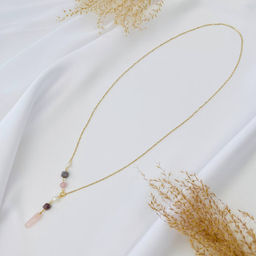 Колье на цепочке с Розовым кварцем,Жемчугом и Агатом