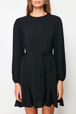 Siyah Kusakl? Duz Kesim Bisiklet Yaka Mini Dokuma Elbise TWOAW24EL00337
