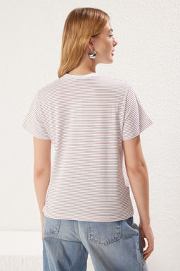 Vizon Ekru Cizgili Premium Kal?n Pamuklu Basic Regular/Normal Kal?p Orme T-Shirt TWOSS23TS00043