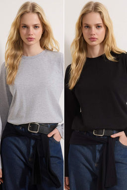 Siyah-Gri 2li Paket %100 Pamuk Bisiklet Yaka Regular/Normal Kesim Orme T-Shirt TWOAW25TS00001